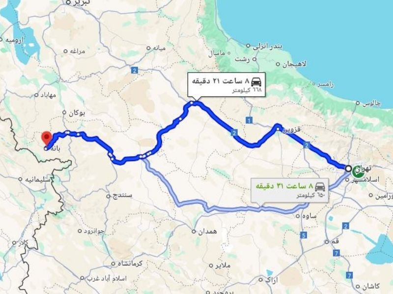 نقشه‌ی مسیر و فاصله تهران تا بانه از آزادراه کرج-قزوین