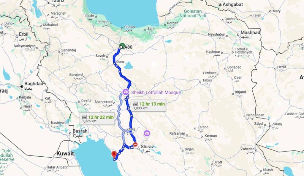 نقشه فاصله تهران تا بوشهر از مسیر مسیر آزادراه قائمیه-شیراز