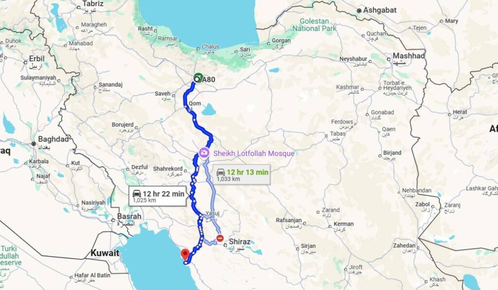 نقشه فاصله تهران تا بوشهر از مسیر بوشهر-بندر گناوه
