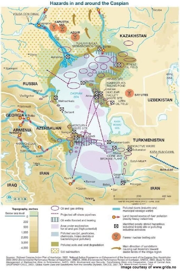 Oil and natural gas fields and mineral/metal mines in the Caspian Sea