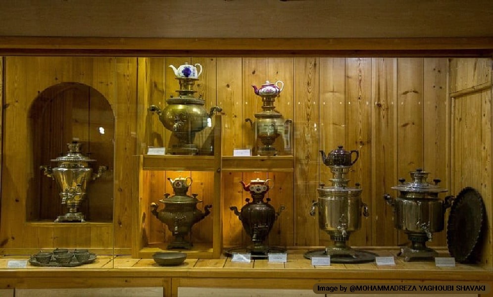 Samovars and teapots on display in the Iran tea museum