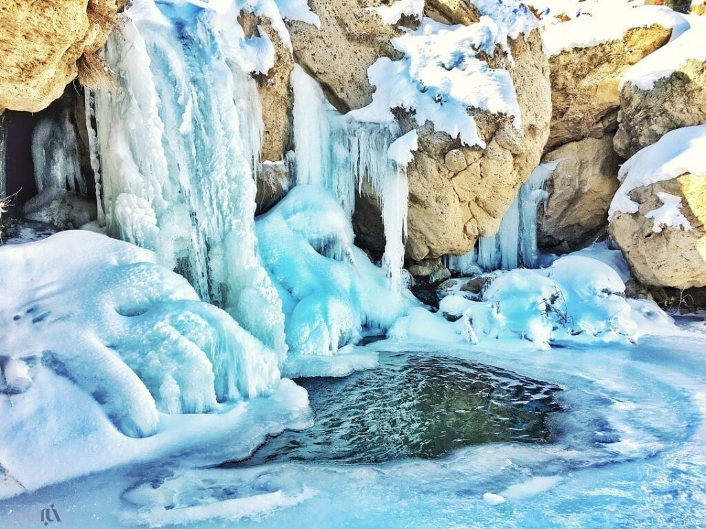 View of frozen Khorkhora waterfall