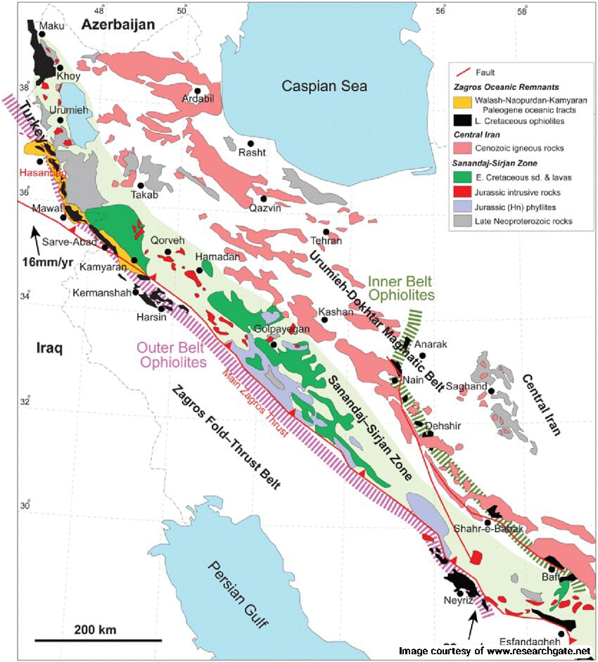 A simplified map of the Zagros Mountains geological features