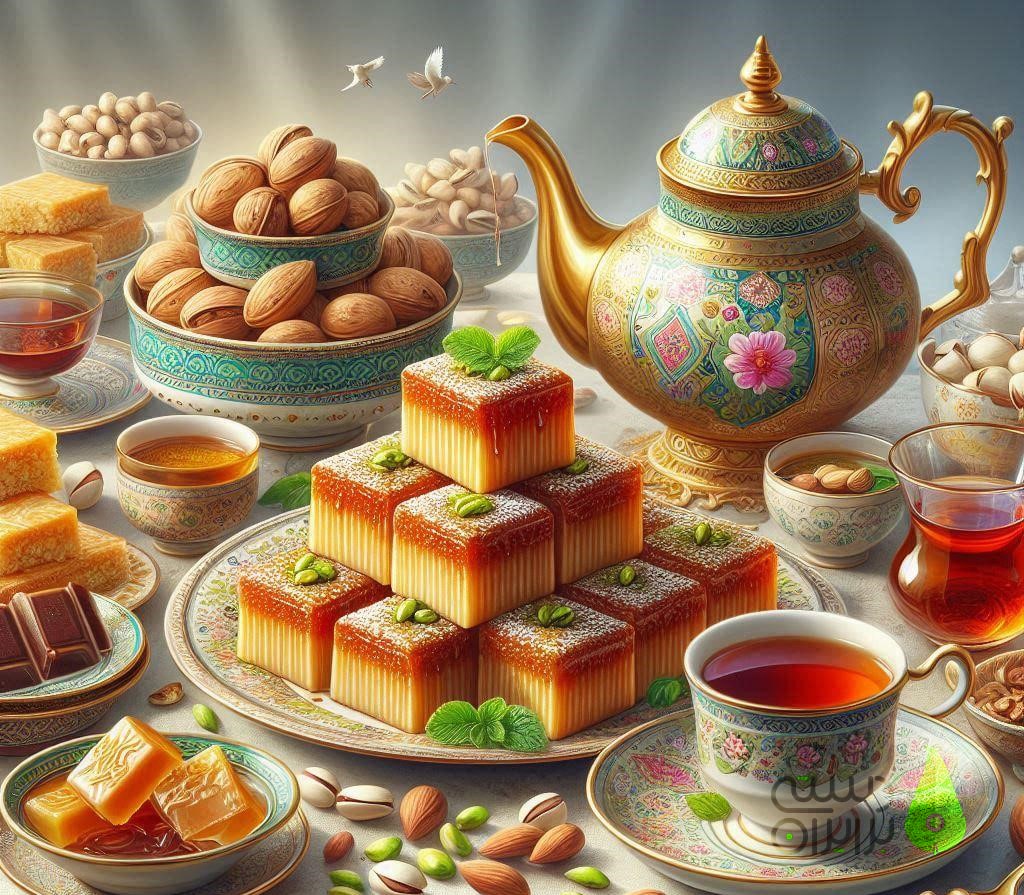 A table filled with traditional Iranian desserts