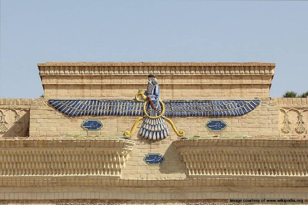 The Faravahar symbol is used in Zoroastrian holy sites