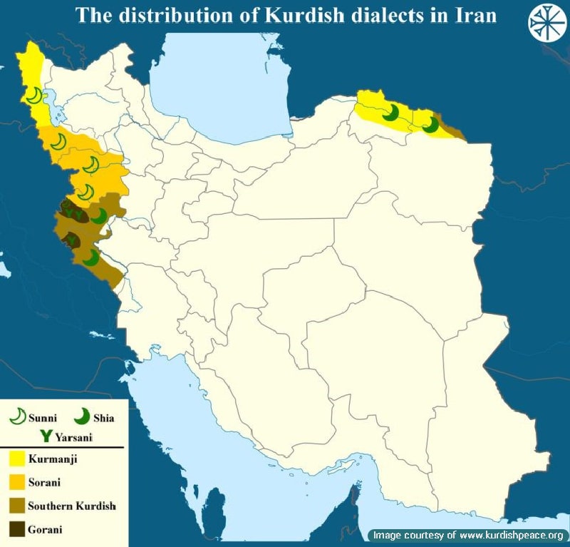 Map of Kurdish dialects in Iran