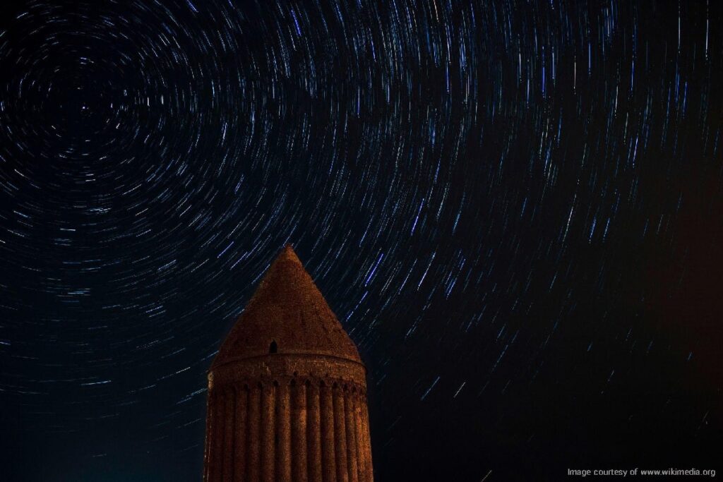 View of the night sky above Radkan Tower