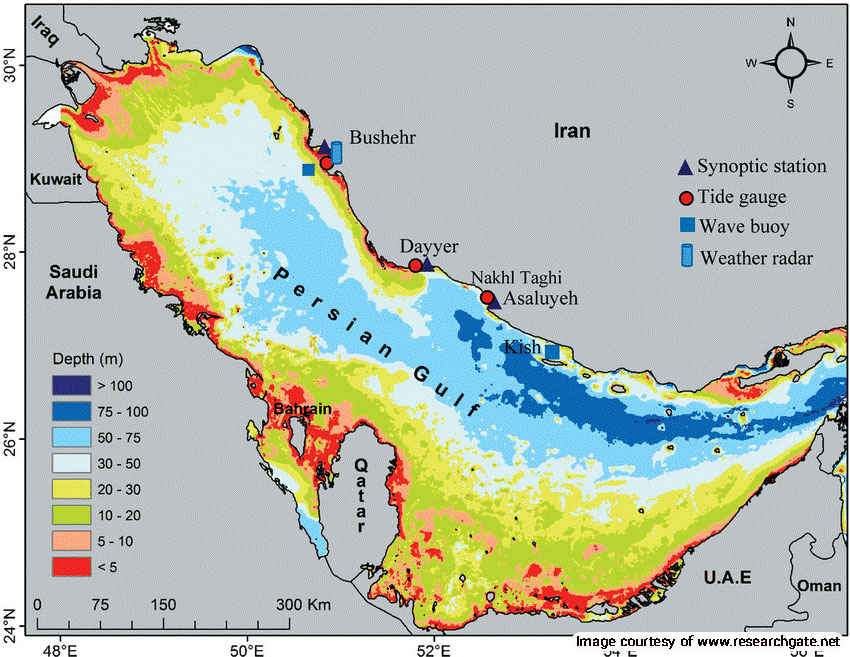 Bathymetry map showing underwater topography of the Persian Gulf region