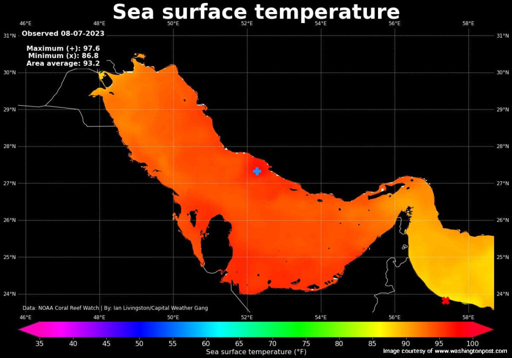 Map of sea surface temperature in southern Iran