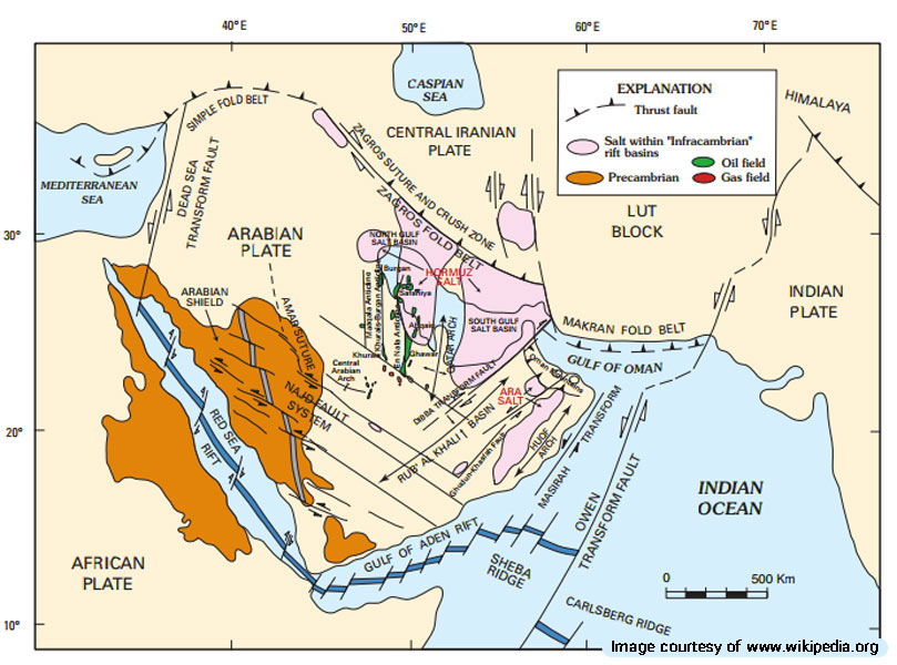 A map of geological features in the Persian Gulf Basin