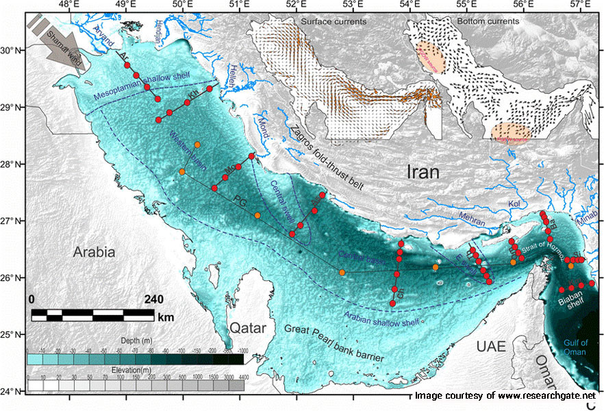 Topography map of the Persian Gulf Coastal Regions